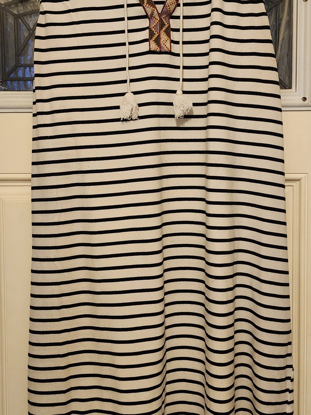 Striped Black & White Dress with Beaded V-Neck